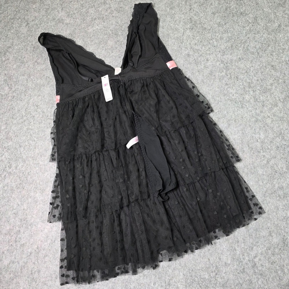 Cacique Babydoll Lingerie Black Pink Heart Ruffle Tiered Lace 2 PC Set 14/16 NEW - Picture 3 of 8
